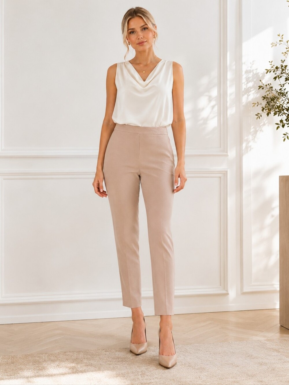 Chaus New York Blush Taupe Slim Ankle Pants Size 10 Career Quiet Luxury - Picture 1 of 9
